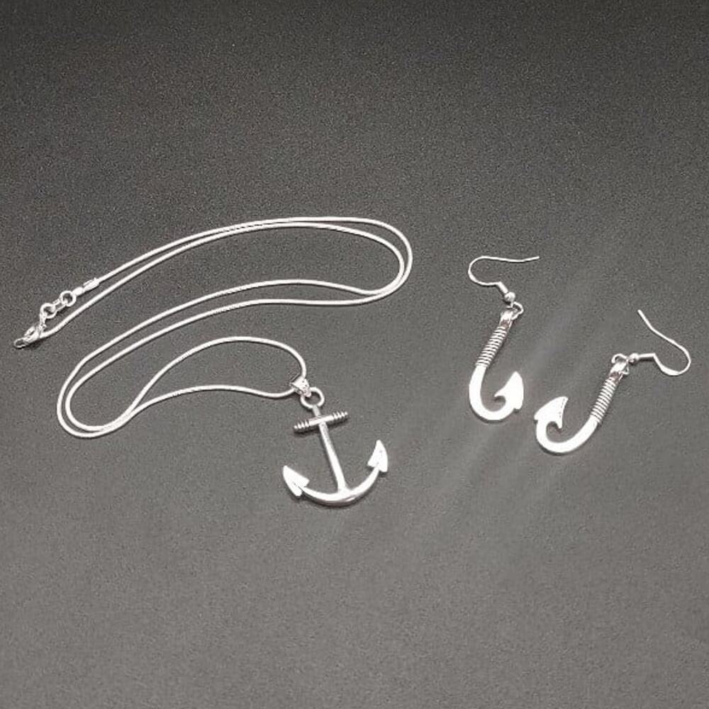 925 Silver Anchor Fish Hooks Necklace & Earrings Set Ocean Fishing Surfer NEW!